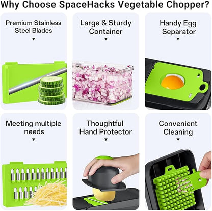 SpaceHacks 12-in-1 Vegetable Chopper, Kitchen Gadgets with 7 Blades, Veggie, Food, Onion Chopper, Cucumber Slicer, Versatile Mandoline, Includes Egg Separator & Finger Guard, Green
