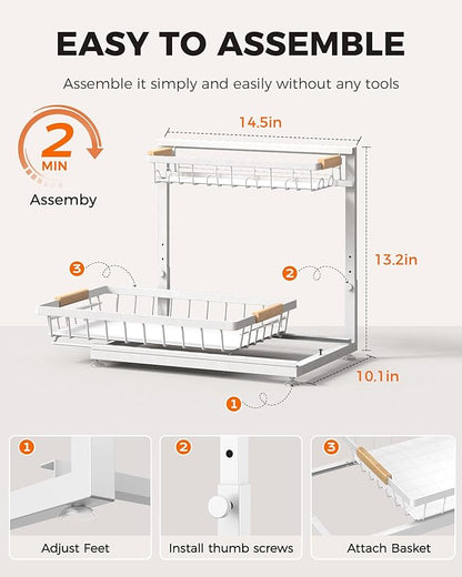 Sevenblue 3 Pack Under Sink Organizer, Height Adjustable 2 Tier Pull-Out Metal Under Kitchen Sink Organizer, Multi-Purpose Storage Shelves for Kitchen Bathroom Cabinet, White