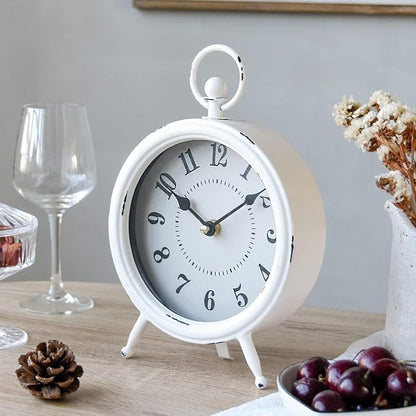 MACVAD Vintage Rustic White Table Clock on Stand, Decorative Desk and Shelf Clock Farmhouse Mantel Clock Rustic Non-Ticking Clock
