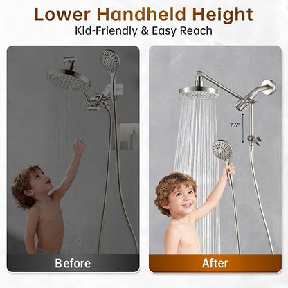 BRIGHT SHOWERS Rain Shower Head with Handheld Spray Built-in Power Wash, High Pressure Dual Shower Head with Adjustable Extension Arm, 3-Way Diverter, 9-Mode Handheld, 69” Long Hose, Brushed Nickel