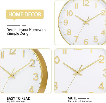HZDHCLH Wall Clocks Battery Operated,Wall Clock White Gold,10 inch Wall Clock Silent Non Ticking Modern 3D Numbers for Office Kitchen Classroom Bedroom Living Room Decor