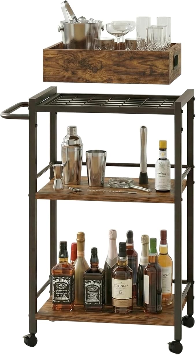 VonDream 3-Tier Bar Cart for The Home, Rolling Cart with Wheels and Handle, 3-Tier Serving Cart with Removable Tray, Kitchen Carts on Wheels with Storage