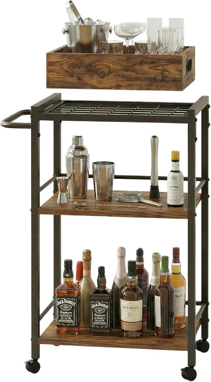 VonDream 3-Tier Bar Cart for The Home, Rolling Cart with Wheels and Handle, 3-Tier Serving Cart with Removable Tray, Kitchen Carts on Wheels with Storage