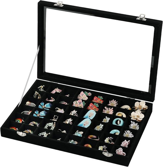 Frebeauty 48 Grid Jewelry Tray,Adjustable Earring Holder Organizer with Glass Lid,Velvet Drawer Jewelry Organizer for Rings,Studs,13.8 x 9.5 x 2 Inches Jewelry Display Box,Gift for Women(Black)