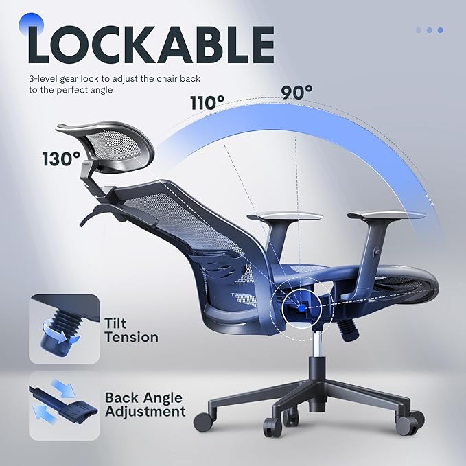 FLEXISPOT OC3 Air Ergonomic Office Chair Mesh Back Swivel Computer Chair Executive Office Desk Chairs with Adjustable Lumbar Support/2D Headrest/Lockable Backrest, Mesh Seat Cushion, Gray