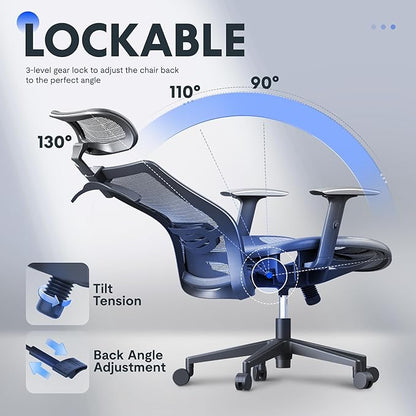 FLEXISPOT OC3 Air Ergonomic Office Chair Mesh Back Swivel Computer Chair Executive Office Desk Chairs with Adjustable Lumbar Support/2D Headrest/Lockable Backrest, Mesh Seat Cushion, Gray