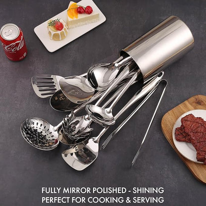 18/10 Stainless Steel Kitchen Utensils Set with Holder - 15″ Spatula Spoon Set with Storage Organizer for Countertop, Fork, Tongs, Spatula, Ladle, Skimmer, Turner, Spaghetti, Large Spoon Set of 12