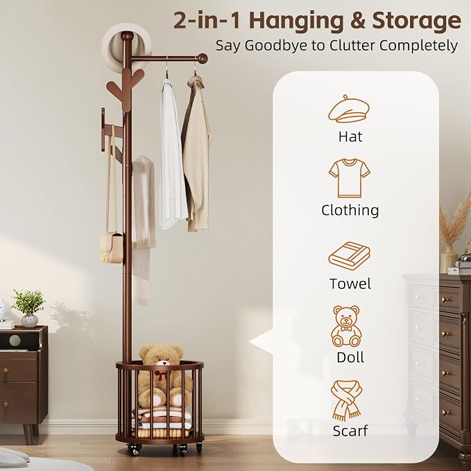 Uniclinens Freestanding Wooden Coat Rack with Umbrella Holder，Walnut Coat Rack with Hooks, Space-Saving Entryway Organizer for Hanging Clothes and Storing Towels, Bedroom, Living Room