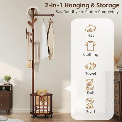 Uniclinens Freestanding Wooden Coat Rack with Umbrella Holder，Walnut Coat Rack with Hooks, Space-Saving Entryway Organizer for Hanging Clothes and Storing Towels, Bedroom, Living Room