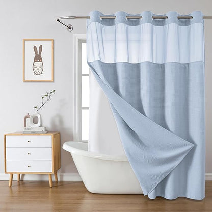 Blue No Hook Waffle Weave Shower Curtain with snap-in Liner Replacement, 230GSM Waterproof Fabric Hotel Shower Curtain Set for Bathroom, Through Mesh Top Window,60Wx74H