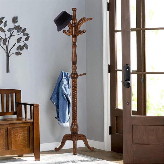 Bekrvio Freestanding Coat Rack Stand with 8 Hooks, 79" | Premium Ash Wood, Heavy Duty Standing Coat Hanger for Entryway, Hallway, Bedroom, Office, Apartment; Hangs Coats, Hats, Bags