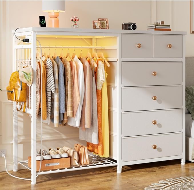 EnHomee 49.2" W Dresser with Hanging Rack & 6 Fabric Drawers for Bedroom, Featuring LED Lights and Charging Station, White Fabric Dressers & Chest of Drawers with Grid Panel & 4 Hooks, Wooden Top