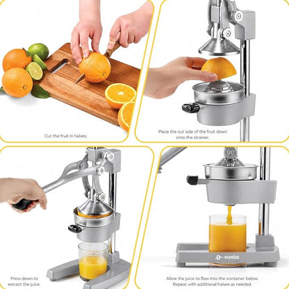 Eurolux Ultra-Premium Cast Iron Juicer | Extra-Large, Heavy Duty, Commercial Grade, Stainless Steel Manual Hand Press Citrus Squeezer For Fresh Orange Juice, Pomegranate, Lemon, and Much More (Gray)