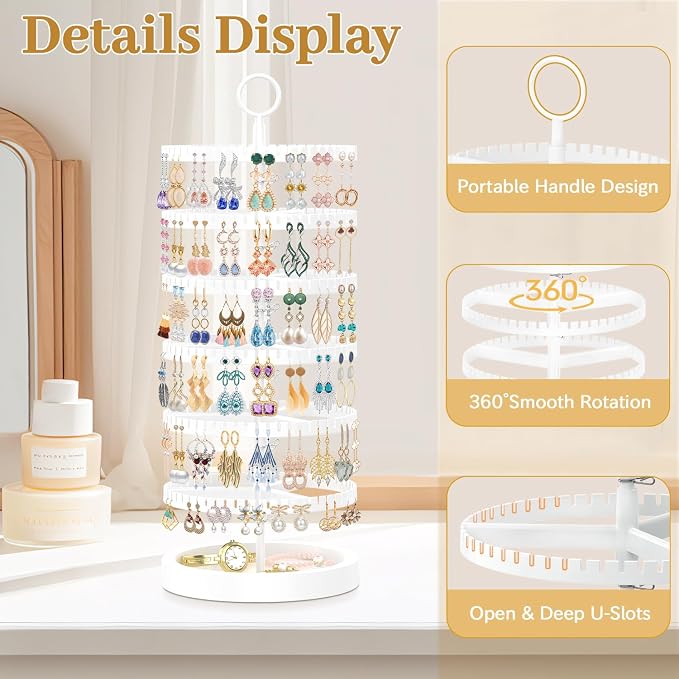 MODOWEY 6 Tier Rotating Earring Holder Organizer Display Tree with Wooden Tray, Adjustable Plastic Stand with 342 Slots for Stud Hoop Hanger, Large Capacity Storage Rack for Women Space Saving, White