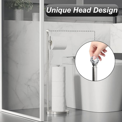 KASUNTO Toilet Paper Holder for Bathroom, Heavy Weighted Metal Free Standing Toilet Paper Storage with Crystal Ball, Toilet Paper Stand for Bathroom Accessories, Brushed Nickel [Holds MEGA Rolls]