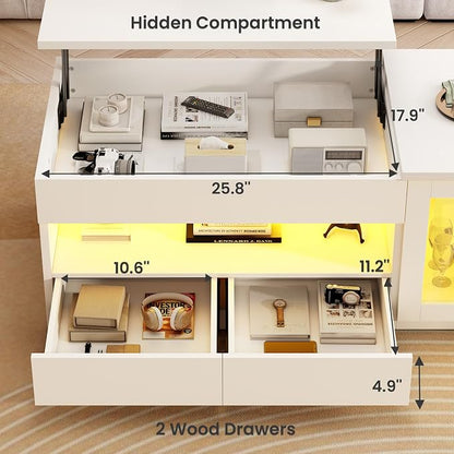 Itaar 39.4" Lift Top Coffee Table with 2 Drawers, Modern LED Coffee Tables for Living Room, Coffee Table with Glass Storage Cabinet, White