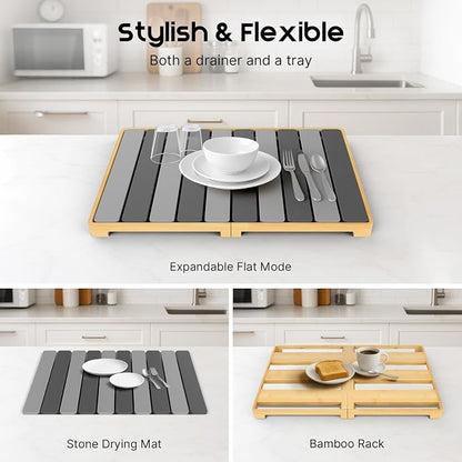 ArtyCozy Large Rollable Stone Drying Mat with Foldable Bamboo Dish Drying Rack for Kitchen Counter, Super Absorbent Diatomaceous Earth and Quick Drying Rack, 24"×16", Dark and Light Grey