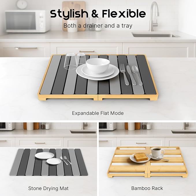 ArtyCozy Extra Large Rollable Stone Drying Mat with Foldable Bamboo Dish Drying Rack for Kitchen Counter, Super Absorbent Diatomaceous Earth and Quick Drying Rack, 27"×17", Dark and Light Grey