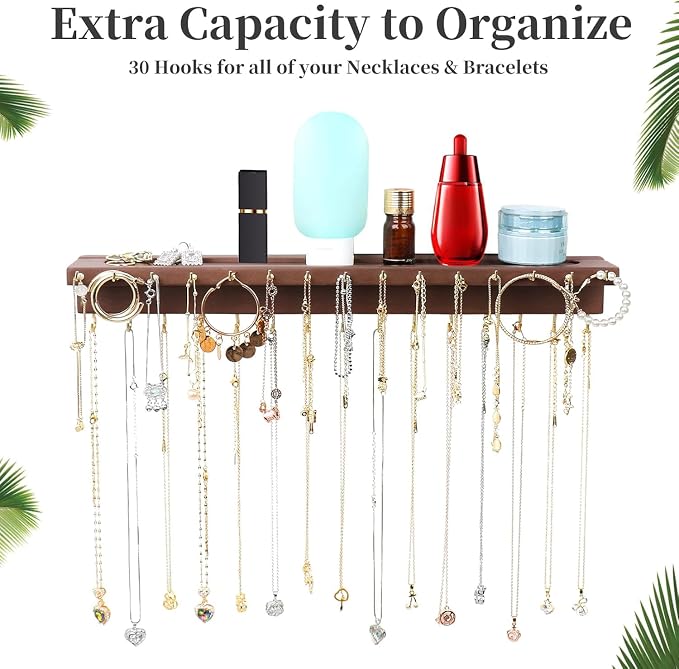 YYILIS Necklace Holder, Upgraded Extra Large Wall Necklace Organizer with 30 Hooks Wall Mounted Necklace Hanger with Jewelry Tray/Cosmetics Shelf Rustic Pine Wood Holder (Walnut)