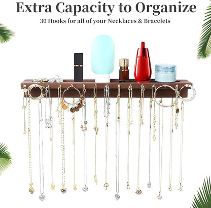 YYILIS Necklace Holder, Upgraded Extra Large Wall Necklace Organizer with 30 Hooks Wall Mounted Necklace Hanger with Jewelry Tray/Cosmetics Shelf Rustic Pine Wood Holder (Walnut)