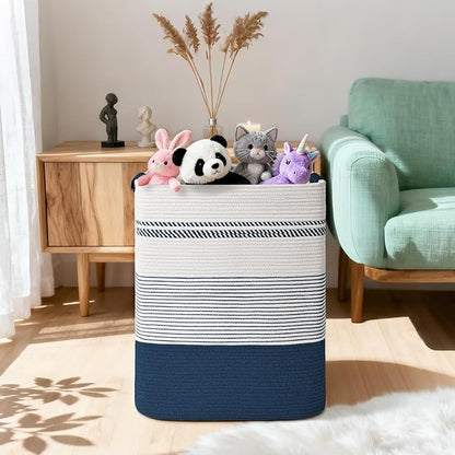 Degeyoyo Laundry Hamper, 95L Tall Laundry Basket with Leather Handles, Rectangle Large Clothes Hamper for Organizing, Cotton Woven Laundry Baskets Storage Hampers for Bedroom, Nursery, Living Room
