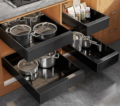 Seinloes 4 Pack Expandable Pull Out Cabinet Organizer 21" Deep With Raising Pad for Framed Cabinets,Upgrade 3 Slide Rails Slide Out Drawers,No Drill Roll Out Shelves,Adjustable Width 9"-14" Black