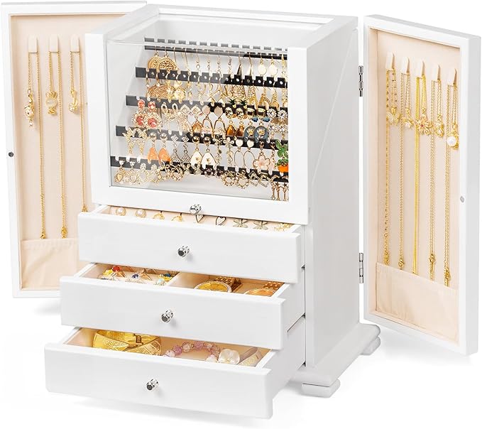 Jewelry Box Organizer, Rustic Wooden Jewelry Boxes for Women Girls, Large Storage Earring Holder Organizer Display for Earrings Necklaces Rings Bracelets, Jewelry Case as Gifts for Her