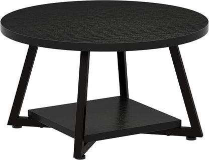 Round Coffee Table for Living Room, 27.6“ Circle Coffee Table, 2-Tier Industrial Coffee Tables with Storage, Wood Coffee Table, Modern Accent Table for Apartment, Office, Small Space, Black