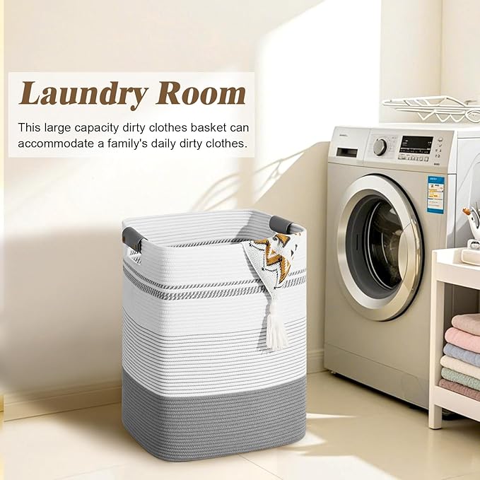 Degeyoyo Laundry Hamper, 85L Tall Laundry Basket with Leather Handles, Rectangle Large Clothes Hamper for Organizing, Cotton Woven Laundry Baskets Storage Hampers for Bedroom, Nursery, Living Room