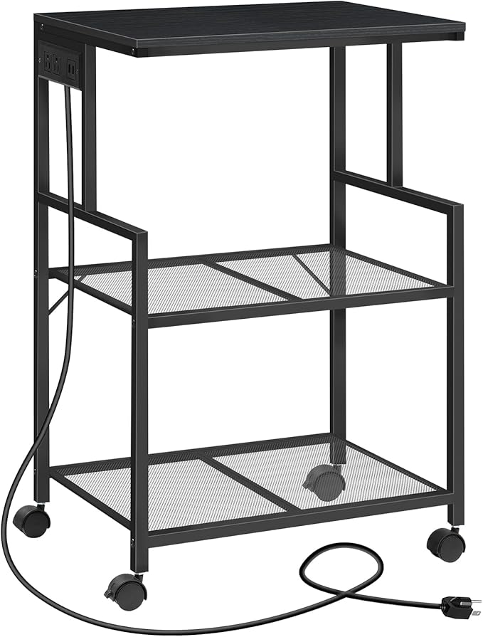 MAHANCRIS Mobile Printer Stand, 3-Tier Industrial Printer Cart with Power Outlets and 2 USB Ports, Rolling Printer Table on Wheels for Home Offices Kitchen Organization Rack, Black PTHB78E01