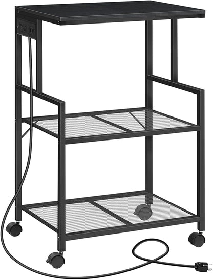 MAHANCRIS Mobile Printer Stand, 3-Tier Industrial Printer Cart with Power Outlets and 2 USB Ports, Rolling Printer Table on Wheels for Home Offices Kitchen Organization Rack, Black PTHB78E01
