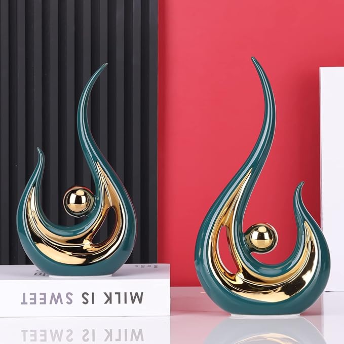 LCCCK Teal Gold Abstract Figurine Statues for Home Decor – Modern Ceramic Sculpture Accent, Decorative Statues for Living Room, Shelf, TV Stand, Office or Coffee Table Centerpiece Art Decoration