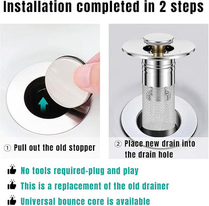 Bathroom Sink Drain Stopper for US Universal Replacement, Pop Up Drain for Bathroom Sink with Stainless Steel Filter Basket Hair Catcher, Sink Drain Strainer for 1.1-1.45 Inch