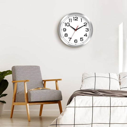 Roymnie Wall Clock Silent Non-Ticking Modern Clock Battery Operated 12 Inch Small Classic Analog Decorative for Kitchen, Bathroom, Office, Bedroom, Home(Silver)