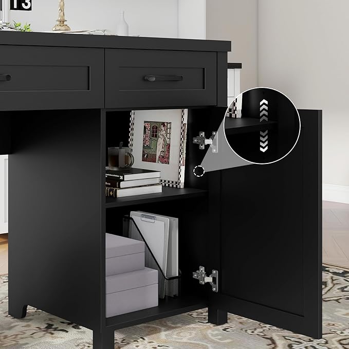 Farmhouse 61'' Executive Desk with 5 Drawers, Rustic Office Desk Computer Desk with Charging Station, File Drawers and Storage Cabinet, Wood Workstation for Study and Home Office,( Pure Black.)