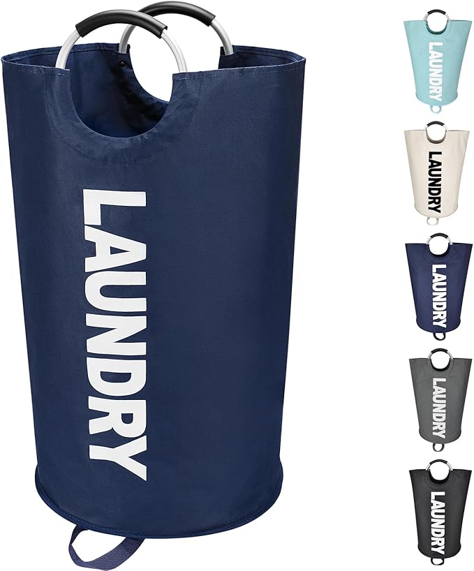 Maxsilan 90L Large Laundry Basket, Freestanding Tall Clothes Hamper, Collapsible Laundry Bag, Dark Blue