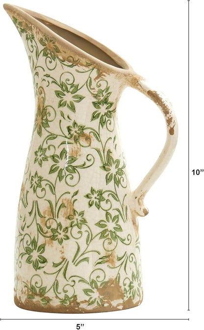 Nearly Natural 10in. Tuscan Ceramic Pitcher Vase, Green Scroll Design, Decorative Flower Vase for Home Decor, Living Room, Mantel & Entryway
