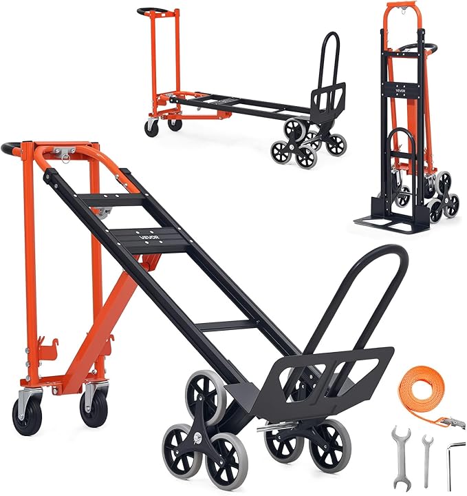 VEVOR 3 in 1 Industrial Convertible Stair Climbing Cart, 770 lbs Max Load, Folding Hand Truck Dolly with Handle & Wheels, Stair Climbing Utility Trolley for Transport & Moving, Orange & Silver
