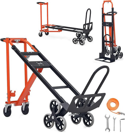 VEVOR 3 in 1 Industrial Convertible Stair Climbing Cart, 770 lbs Max Load, Folding Hand Truck Dolly with Handle & Wheels, Stair Climbing Utility Trolley for Transport & Moving, Orange & Silver