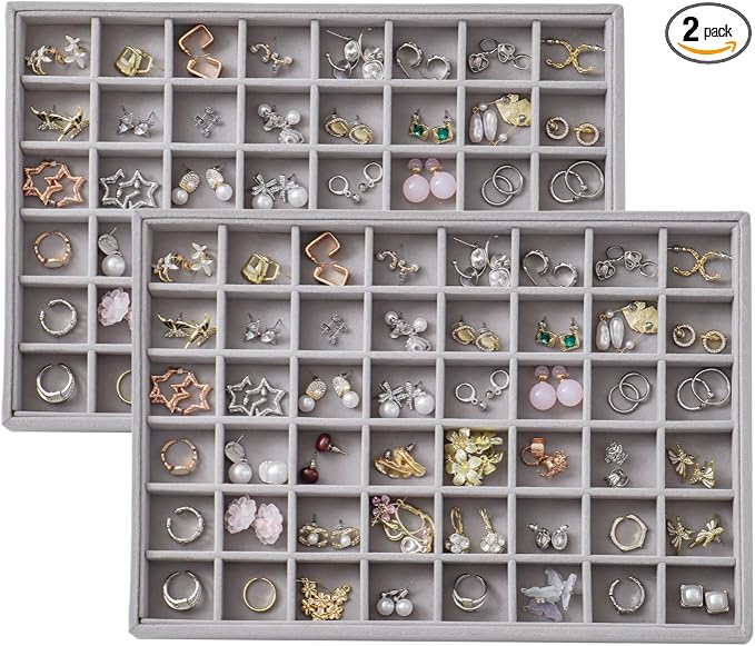 Large Velvet Jewelry Tray 2 Pack Stackable Jewelry Display Drawer Inserts Trays Organizer for Earring Bracelet Necklace Ring (Gray, 48 Grids)