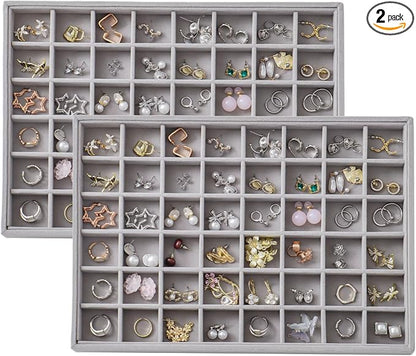 Large Velvet Jewelry Tray 2 Pack Stackable Jewelry Display Drawer Inserts Trays Organizer for Earring Bracelet Necklace Ring (Gray, 48 Grids)