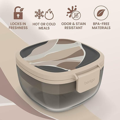 Bentgo Glass Prints Salad Container - 7.6-Cup Tinted Glass Salad Bowl with Airtight Lid, Leak-Proof Sauce Container, 4-Compartment Bento Meal Prep Tray & Reusable Fork (Inky Abstract - Neutrals)