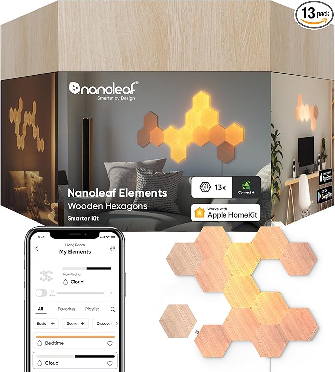 Nanoleaf Elements Wood Look Smart Wall Lights, Hexagon LED Wall Lights work with Alexa Google Assistant, Home Wall Decor for Living Room with Music Sync, Touch Control, Ambient White 1500-4000K, 13 PK