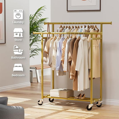 HYSEYY Clothes Rack, Double Rods Rolling Clothing Rack for Hanging Clothes, Portable Garment Rack with Wheels, Coat Rack Wardrobe Closet Load 240 LBS for Bedroom Laundry Room (Glod, L)