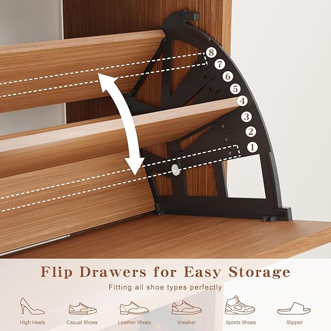 Shoe Storage Cabinet with 2 Flip Drawers & Adjustable Shelves,Narrow Shoe Cabinet Storage with Doors Side Hooks Wooden Shoe Rack Cabinet for Entryway,Hallway,Rustic Walnut