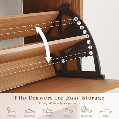 Shoe Storage Cabinet with 2 Flip Drawers & Adjustable Shelves,Narrow Shoe Cabinet Storage with Doors Side Hooks Wooden Shoe Rack Cabinet for Entryway,Hallway,Rustic Walnut