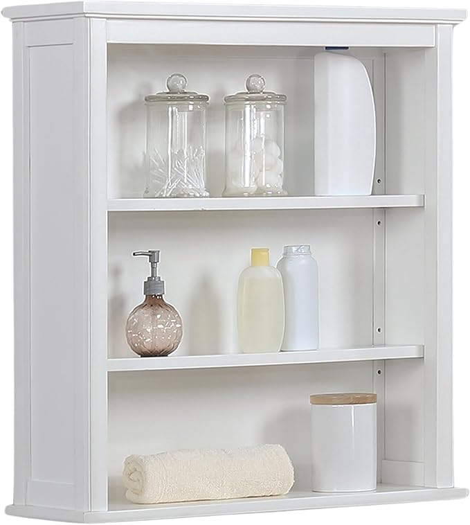 Dorset Wall Mounted Bath Storage Cabinet, 27 in. W x 29 in. H, White, Two Open Shelves, Zinc Metal Hinges, Easy Mount French Cleat System, Ideal for Bathroom Organization and Space Saving