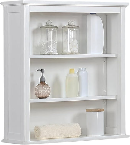 Dorset Wall Mounted Bath Storage Cabinet, 27 in. W x 29 in. H, White, Two Open Shelves, Zinc Metal Hinges, Easy Mount French Cleat System, Ideal for Bathroom Organization and Space Saving