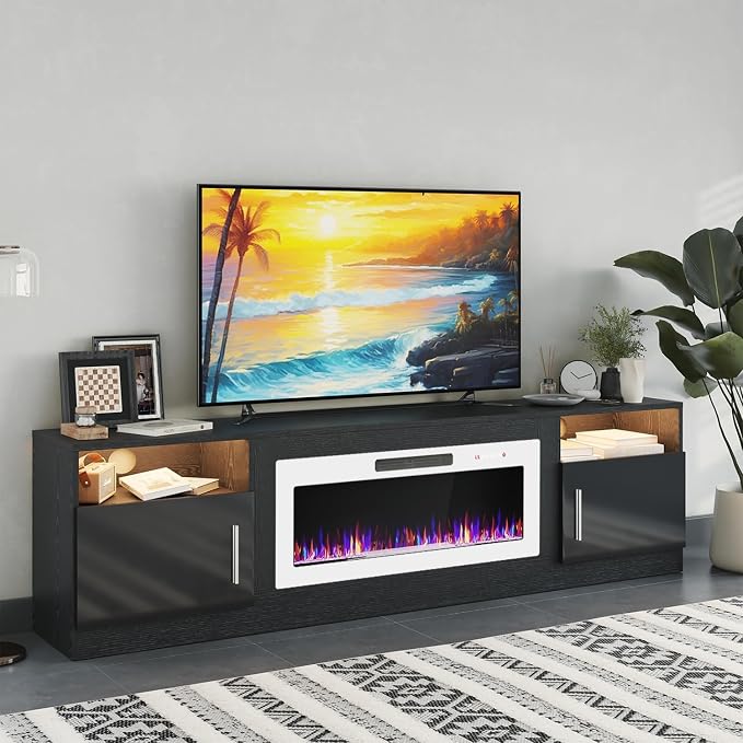 PRETZI Fireplace TV Stand with 36" Fireplace Up to 90" TVs, 80" Entertainment Center with LED Lights, Remote Control, TV Media Console with Storage Cabinets for Living Room, Black+White