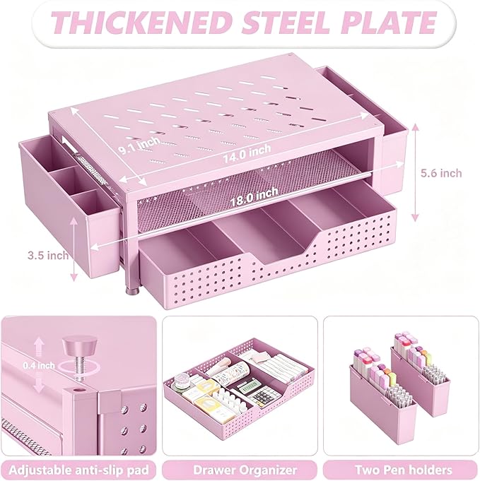 OPNICE Laptop Stand for Desk Organizer and Accessories, 2-Tier Computer Monitor Stand Riser with Drawer and 2 Pen Holders, Ventilated Perforated Steel Top, Office Desk Accessories for Home Office Supplies, Pink